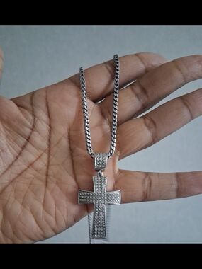 Sterling Silver MICRO Pave DIAMOND Cross Pendant Necklace WITH - Silver SNAKE CH